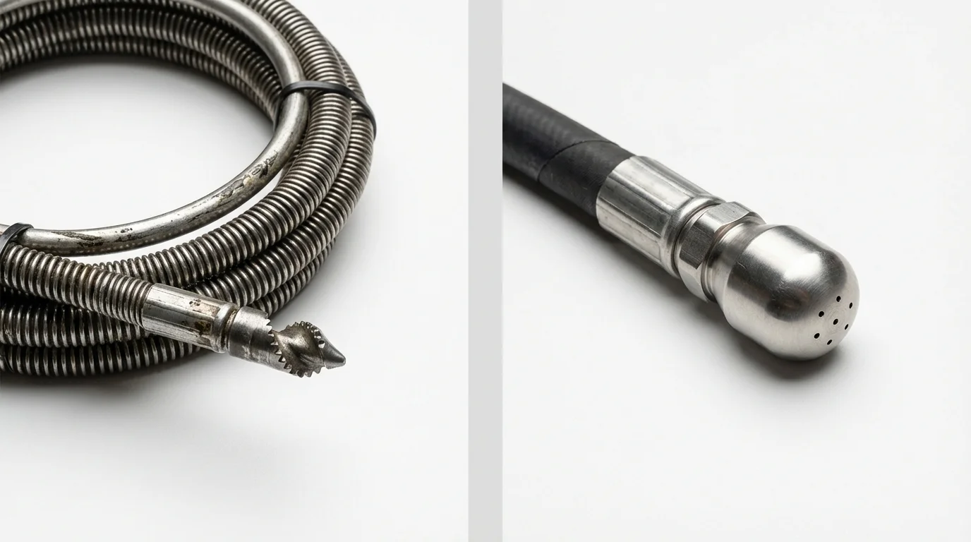 Drain snake cable and hydro jetting nozzle used for drain cleaning in Violet, LA