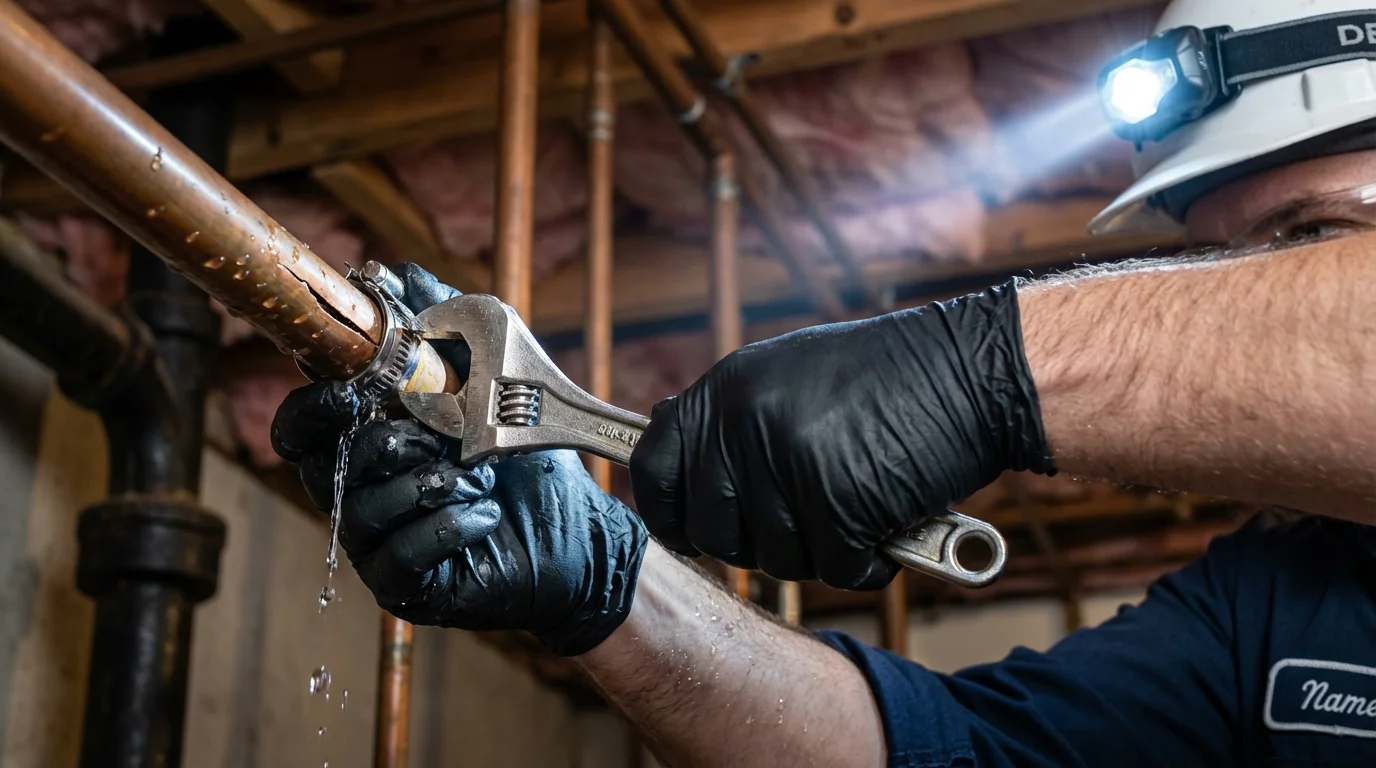 Emergency pipe clamp repair being performed by a Johns Plumbing LLC plumber in Violet