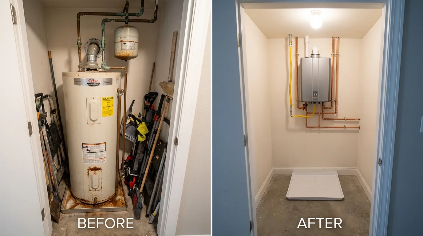 Tank water heater versus wall-mounted tankless unit comparison for Violet, LA homeowners