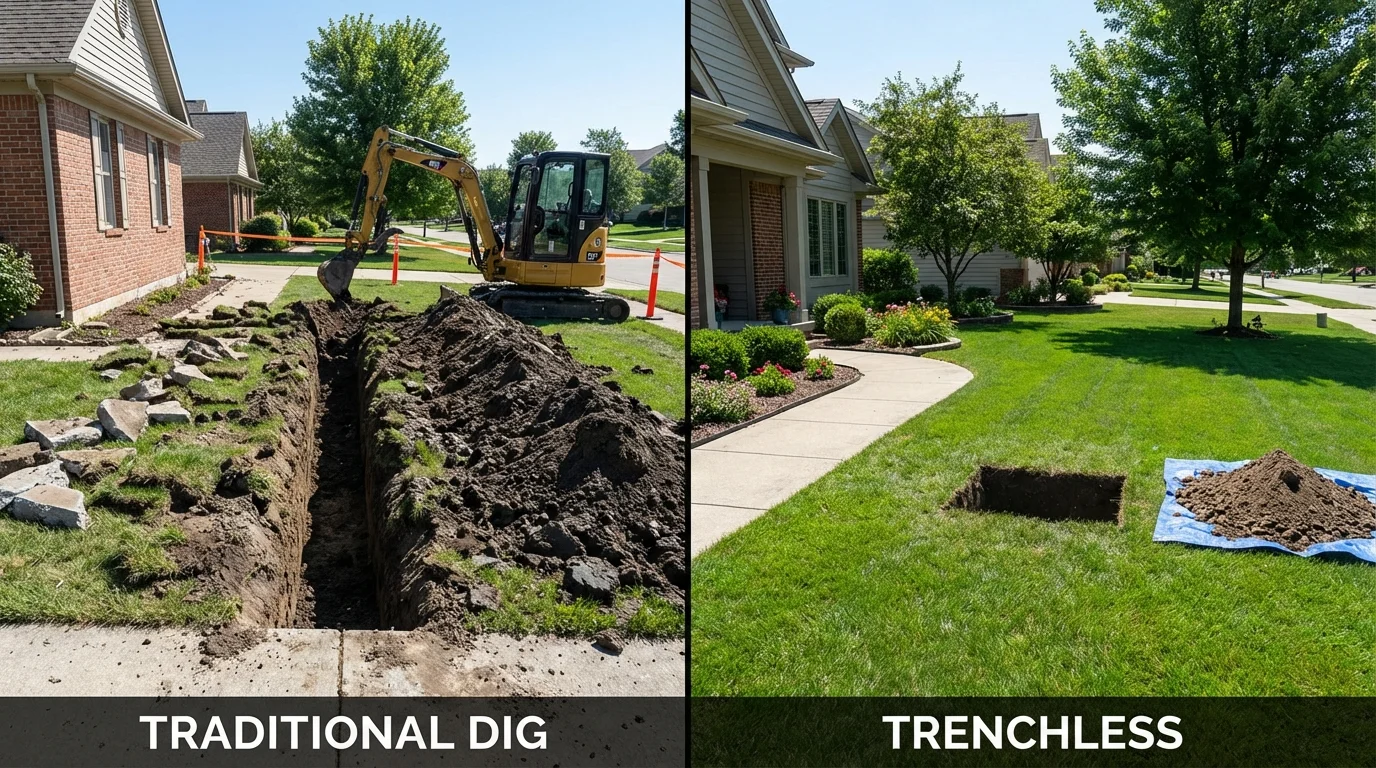 Trenchless sewer repair with minimal yard damage versus traditional excavation in Violet, LA